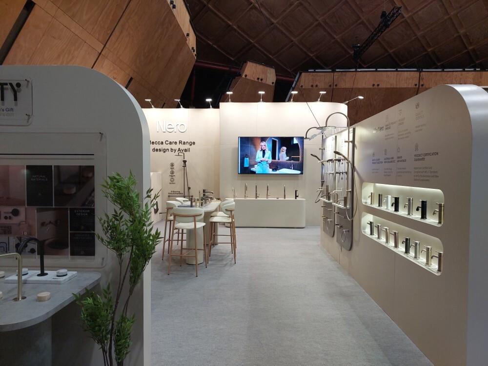 Front view of Nero Tapware custom exhibition stand at Auckland Home Show 2025
